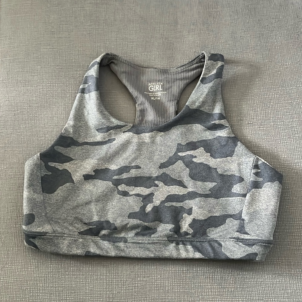 Athleta girls sports bra size XL 14 gray Camo